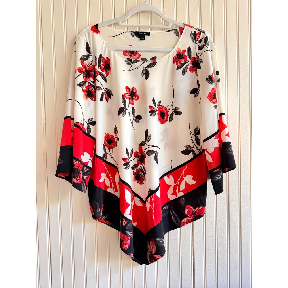 Alfani Floral Handkerchief Hem Blouse Red Black White 3/4 Sleeve Sz M